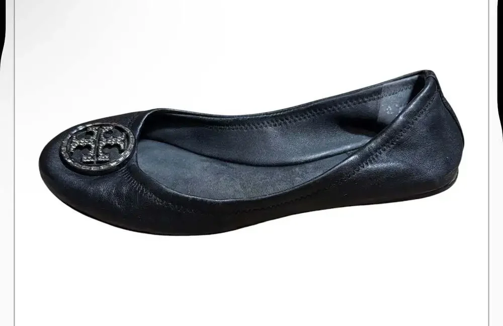 Tory Burch Black Leather Ballet Flats with Crystal Logo Medallion